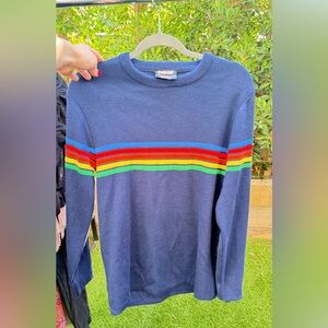 Men's Blue Crewneck Sweater with Multicolor Stripes